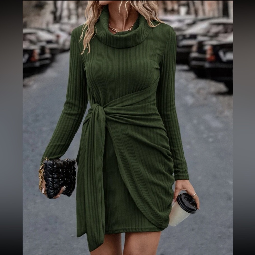 Classic Long Sleeve Cowl Neck Knot Side Wrap Hem Ribbed Dress - Picture 10 of 16